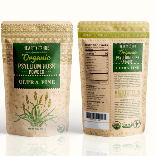 Vegan packaging with the title 'Organic Psyllium husk powder'