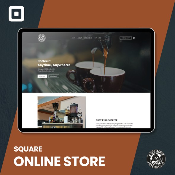 Cafe design with the title 'Grey Ridge Coffee Square online ordering site.'