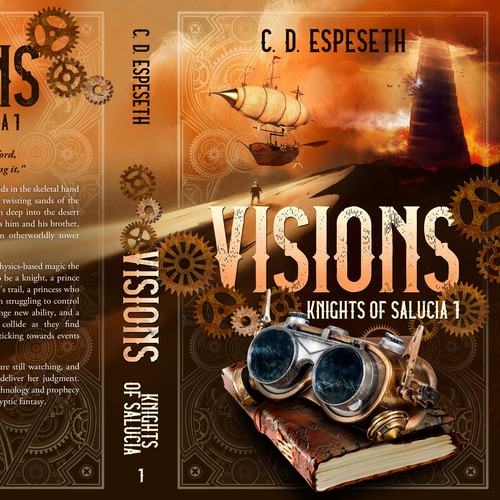 Travel book cover with the title 'Visions - Steampunk fantasy novel'