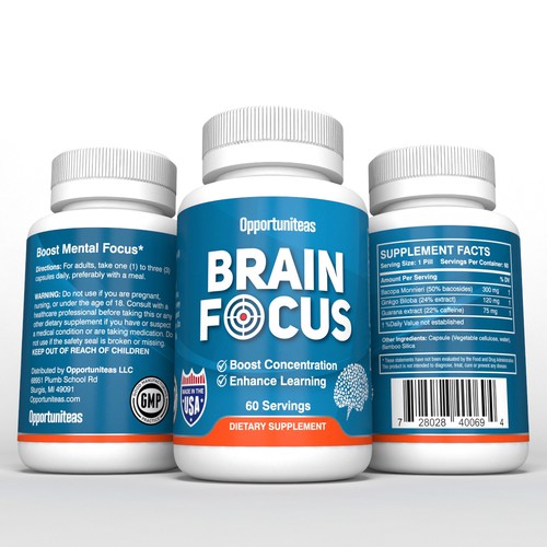 Supplement design with the title 'product label for Brain Focus supplement '