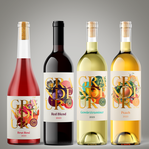 Collage design with the title 'Grandeur Cru Wine'