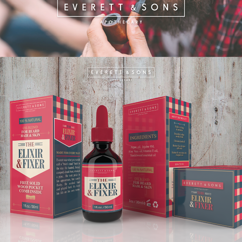 Red and blue design with the title 'Packaging for the Elixir & fixer'