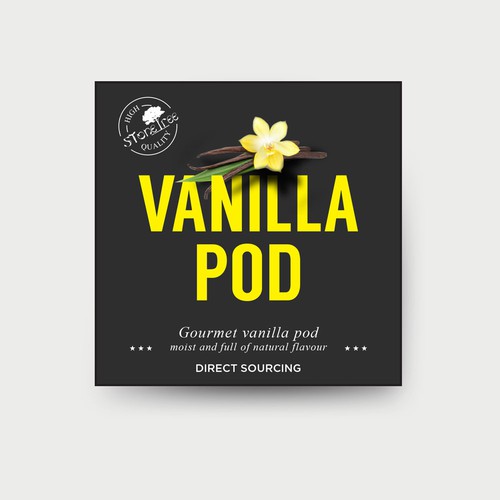 Yellow label with the title 'Label concept for a vanilla pod '