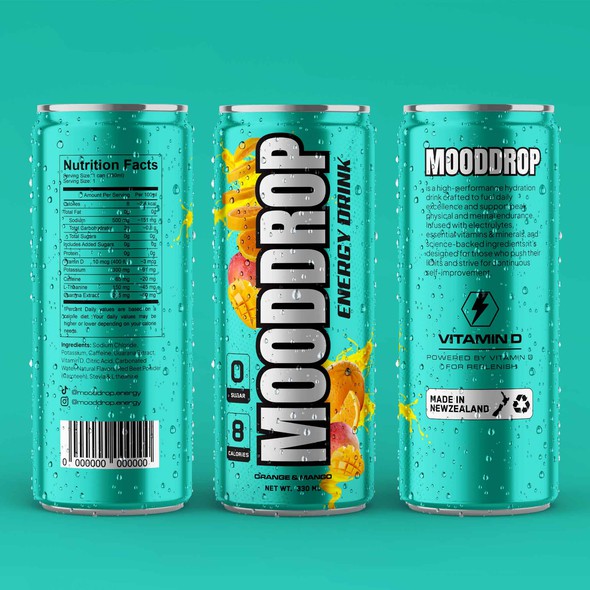 Energy drink label with the title 'MOODDROP Energy Drink'