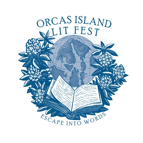 Woodcut logo with the title 'Orcas Island Lit Fest'