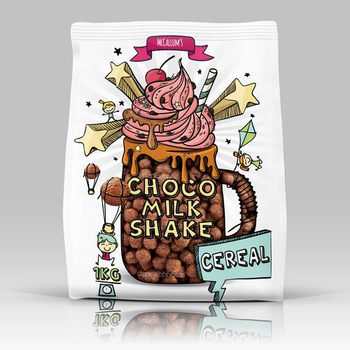 Creative packaging with the title 'Fun Choco Milk Shake cereal'