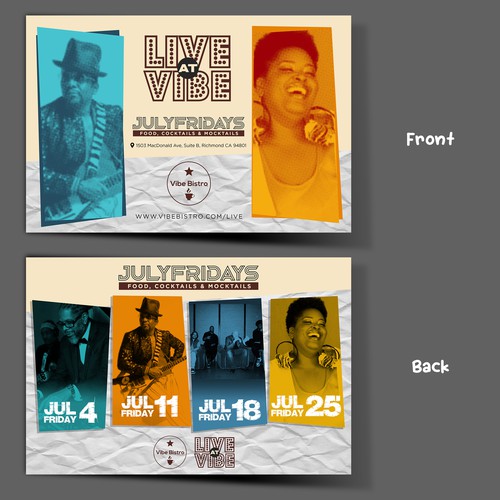 Vibe design with the title 'PostCard for a Musical Bistro Bar'