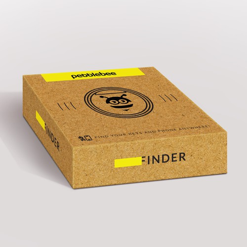 Yellow packaging with the title 'Pebblebee Finder packaging design'