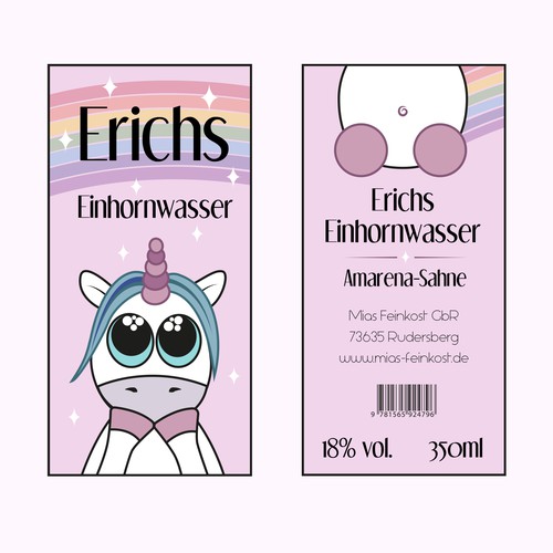 Pink label with the title 'Labeldesign for a unicorn liqueur'