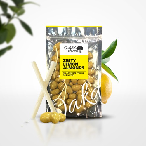 Lemon packaging with the title 'Minimalistic Lemon Covered Almonds Label Design'