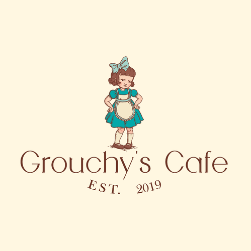 Ink drawing design with the title 'Logo vintage - Grouchy's Cafe'