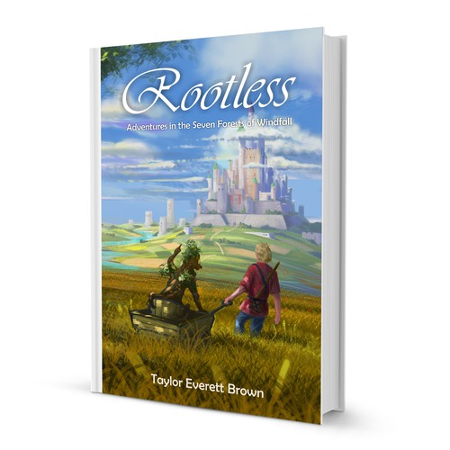 Fairy tale book cover with the title 'Breathtaking landscape illustration for Rootless, a faerie tale adventure'