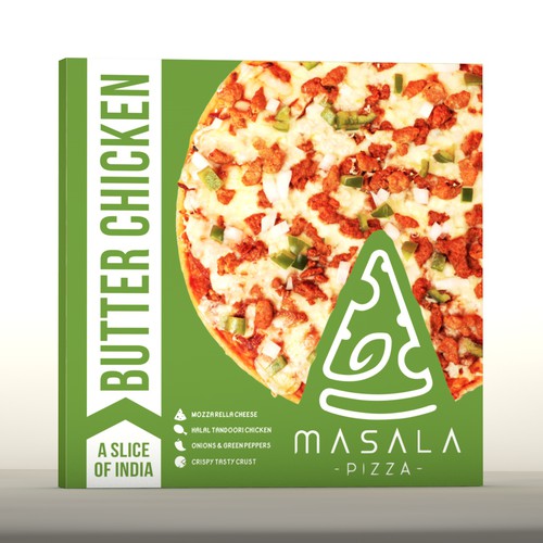 Pizza box packaging with the title 'Modern, minimalistic package design concept for Masala Pizza'