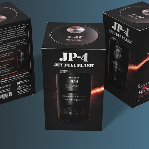 Mockup packaging with the title 'Aviation-inspired metal-flask packaging — dark, vintage, collectible'