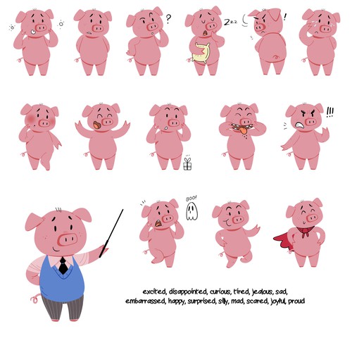 Cartoonish artwork with the title 'pig character emotions'