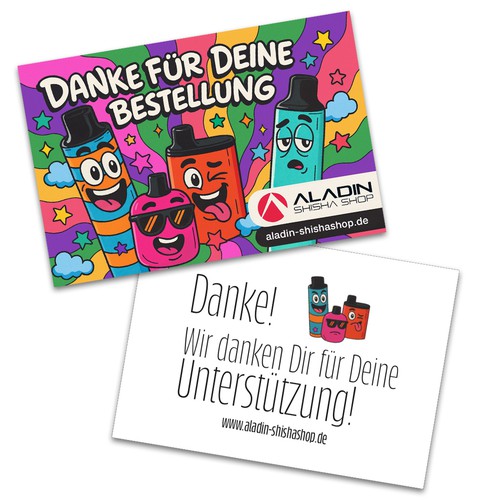 Vape design with the title 'Aladin Shisha Shop — Playful Thank-You Postcard'