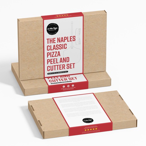 Pizza box design with the title 'The Naples Classic Pizza Peel and Cutter Set'