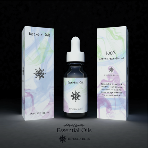 Oil packaging with the title 'Essential Oils'