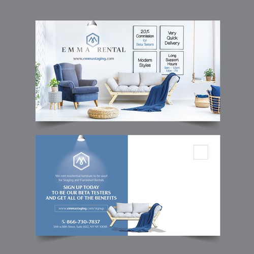 Interior decoration design with the title ' Post Card for Furniture Rental company'