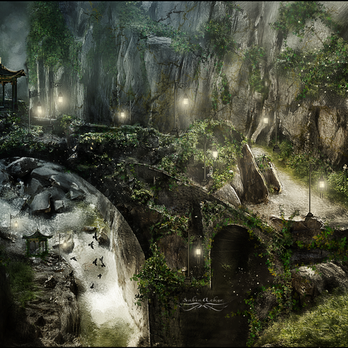 Digital artwork with the title 'unique fantasy landscape - mystical, fairytale, '