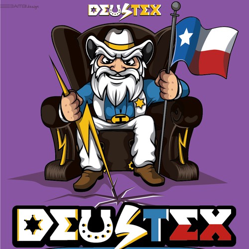 Cartoon design with the title 'Deus Tex is the ancient god Zeus'