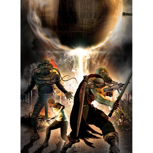 Dystopian book cover with the title 'Fantasy battle scene'