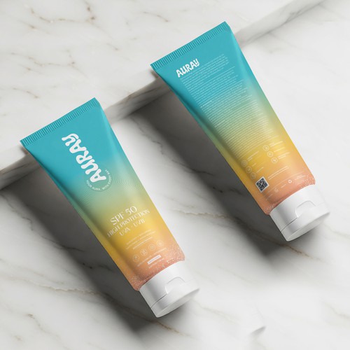 Tube packaging with the title 'AURAY - the new reef friendly lifstyle sunscreen brand'