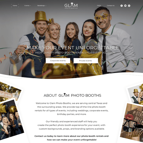 Photo booth design with the title 'Web design for Glam Photo Booths'