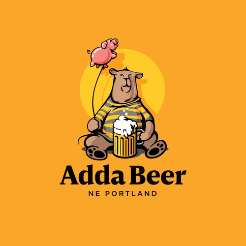 Yellow design with the title 'Bear, beer and pink pig balloon'