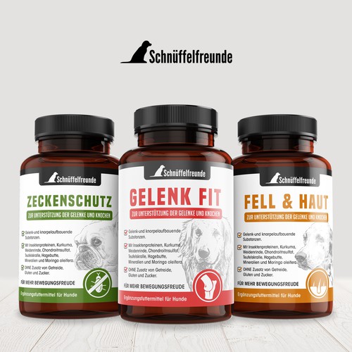 Pharmaceutical label with the title 'Simple Label Design for High-End Dog Supplements '