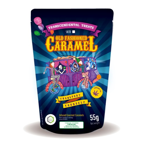 Colorful packaging with the title 'Transcendental Treats packaging'