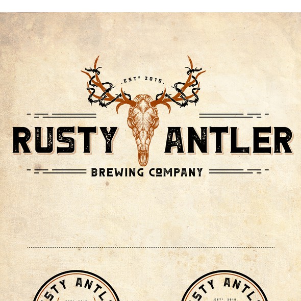 Western logo with the title 'LOGO FOR RUSTY ANTLER BREWING'