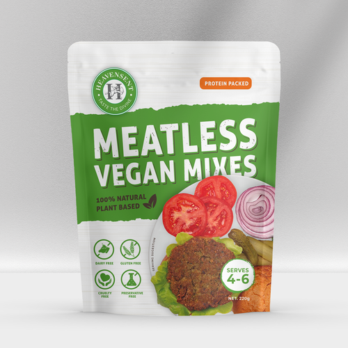Meat packaging with the title 'Packaging Design for Heavensent Foods - Meatless Vegan MIxes'