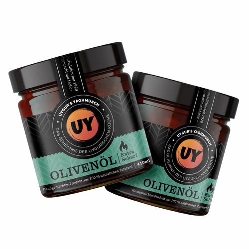 Traditional label with the title 'UY - OLIVE OIL SPICY SAUCE - LABEL'