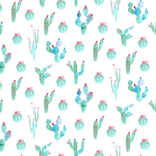 Cactus artwork with the title 'Seamless pattern of watercolor cactuses'