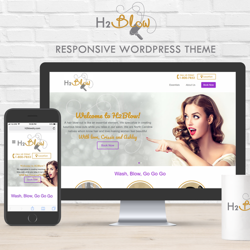 Purple and orange design with the title 'WordPress Theme for a H2Blow Blow-out Bar'