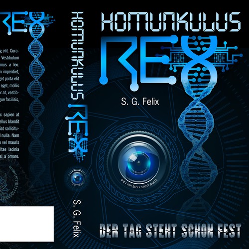 Android design with the title 'Cover for a Sci-fi Thriller about electronic surveillance, clones and robots'