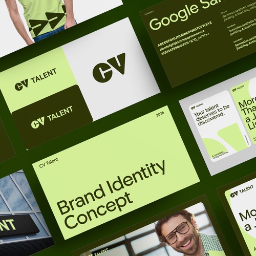 Green design with the title 'Brand Identity Design, Brand Guidelines  for Talent SaaS startup.'