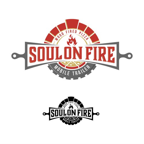 Pizza brand with the title 'mobile wood fired pizza trailer logo that is bright, eye catching, head turning and screams fun'