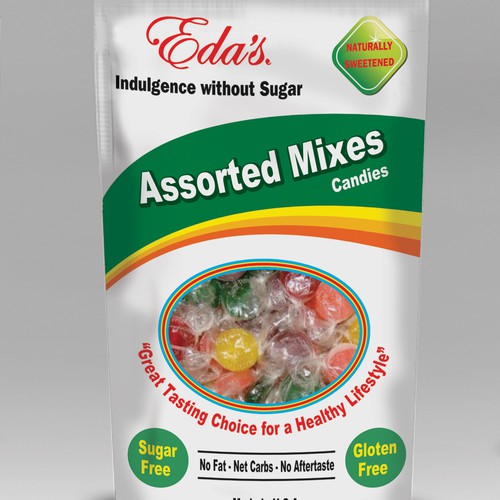 Candy packaging with the title 'Create a great package for worlds best sugar free candy!'