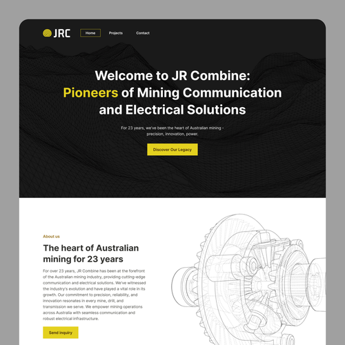 Black and white website with the title 'Modern Industrial Machinery Wireframe Website Design'