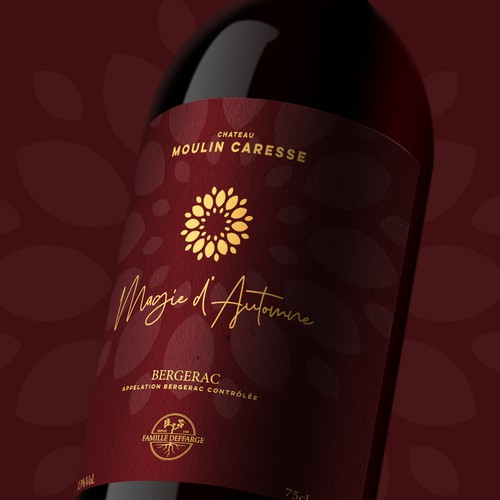 Wine bottle label with the title 'Magie d'Automne | Bergerac '