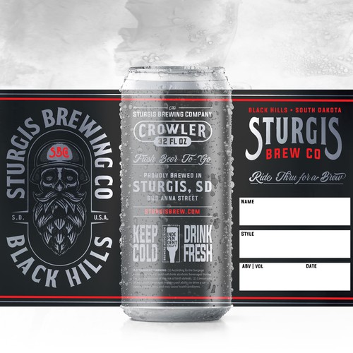 Beer can design with the title 'Beer Label, Sturgis Brewing Co. 32 oz. Crowler'