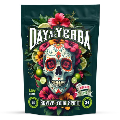 Tea packaging with the title 'Day of the Yerba | Functional Powder Tea'