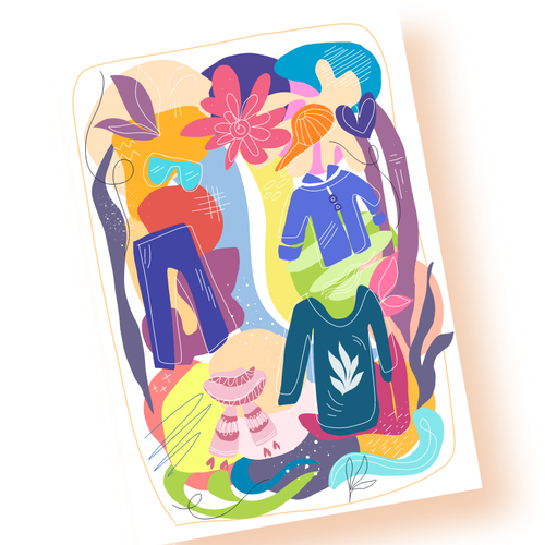Clothing packaging with the title 'Wardrobe Abstract Shape Postcard'