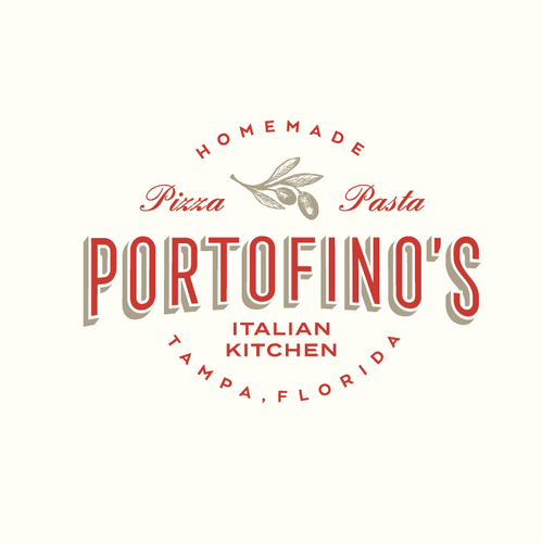 Red design with the title 'Portofino's Italian Kitchen'