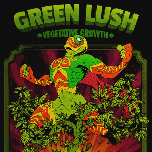Superhero artwork with the title '"Green Lush" label design'