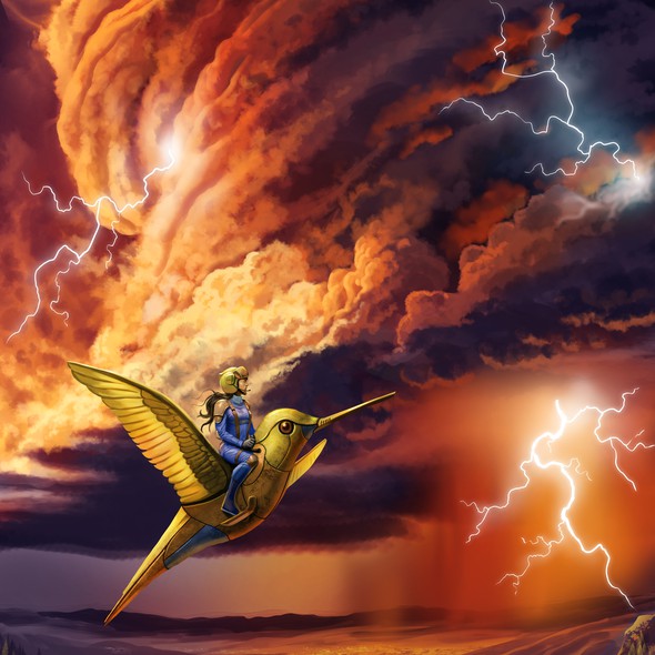 Mechanical design with the title 'Improbable Adelhaide – Sci-fi Fantasy Book Cover Illustration'