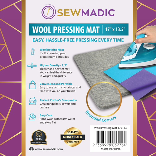 Sticker label with the title 'Wool Pressing Mat Sticker Design'