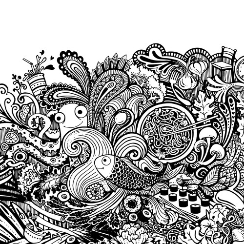 Black and white artwork with the title 'Big Doodle Story'